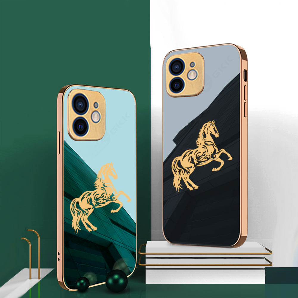 Luxury Horse Pattern Glass Back Case With Golden Edges For iPhone 11