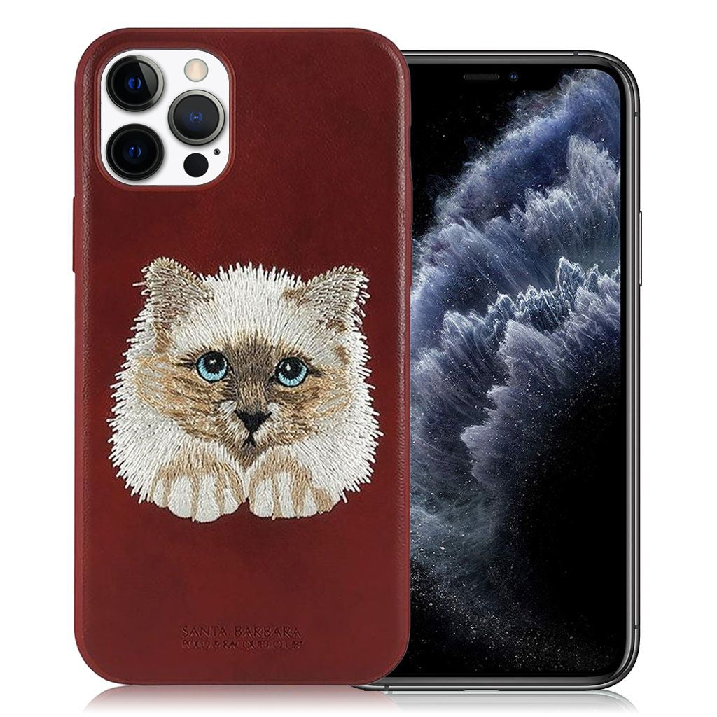 Santa Barbara Savana Series Cat Emboidery Genuine Leather Case For iPhone 13 Pro Max - planetcartonline