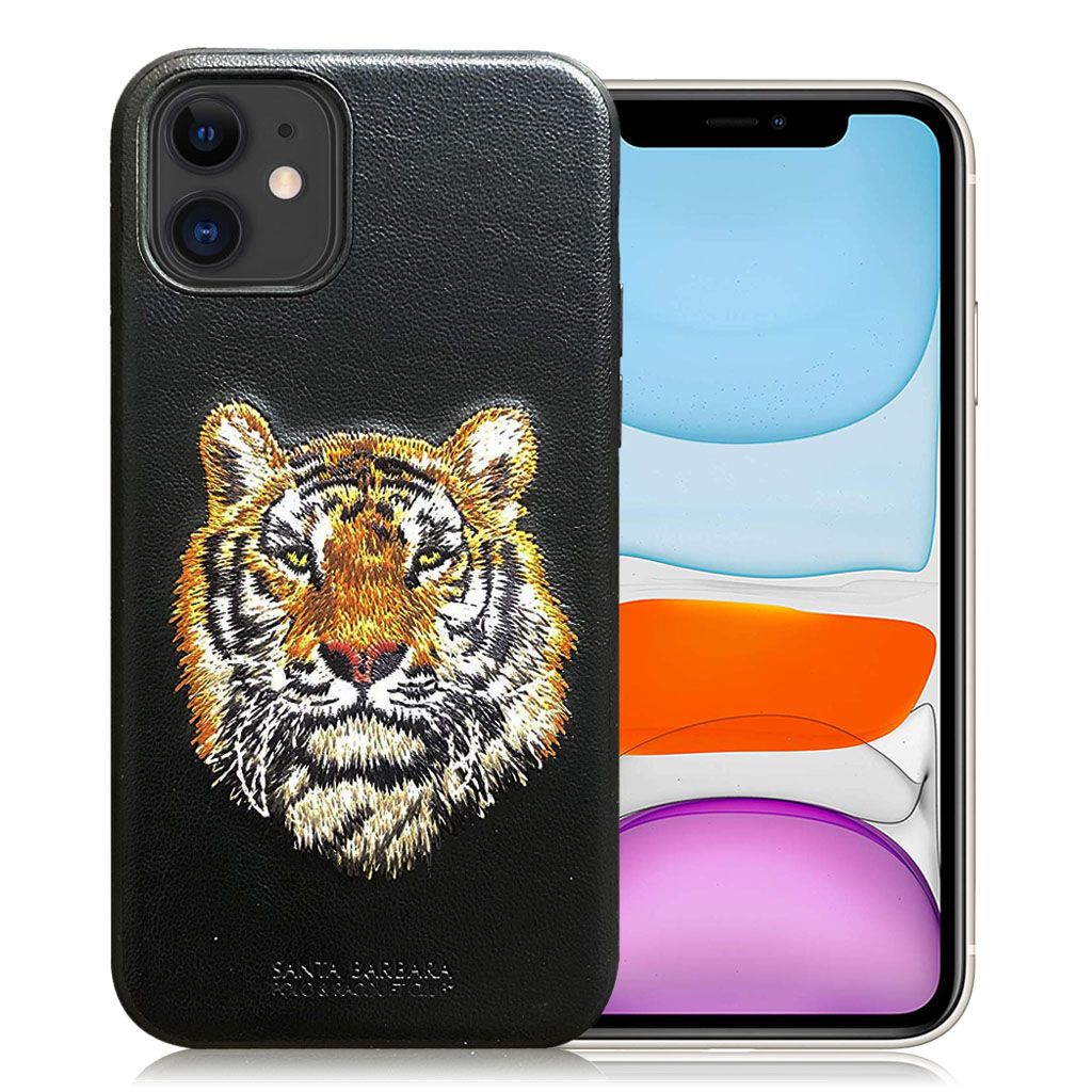 Santa Barbara Savana Series Tiger Emboidery Genuine Leather Case For iPhone 13 - planetcartonline