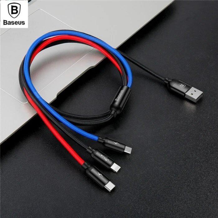 Baseus 3in1, 3.5A High Speed Data Sync & Charging Cable for Type C, iPhone & Micro USB Mobiles - Planetcart