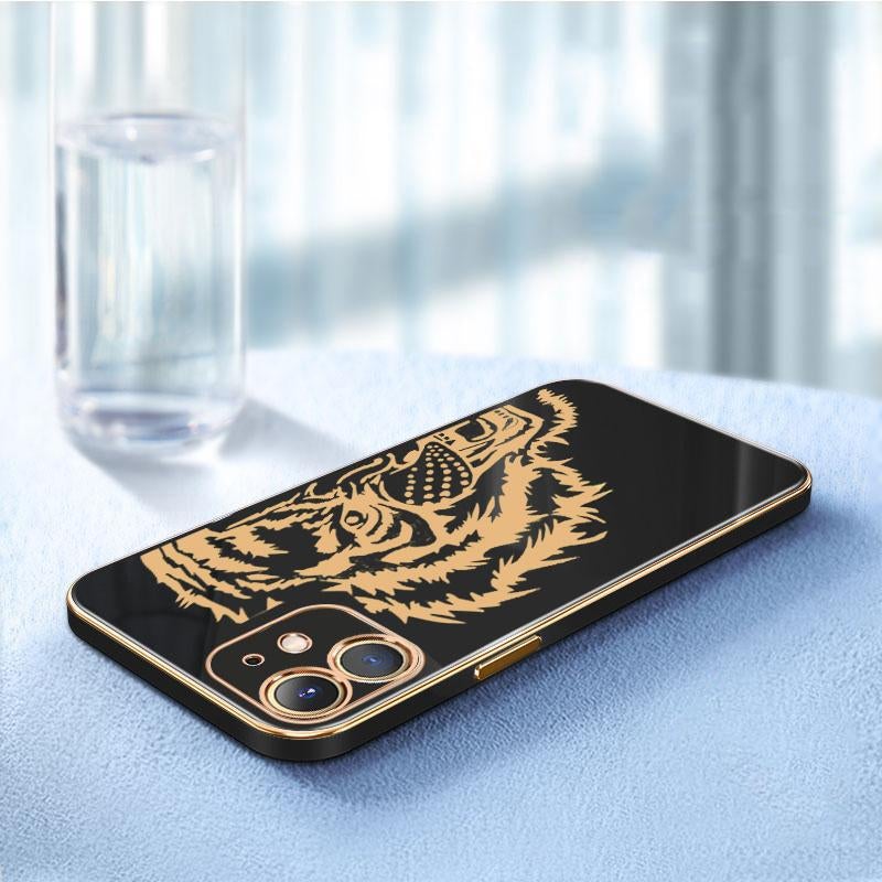 Luxurious Tiger Glass Back Case With Golden Edges For iPhone 12 - planetcartonline