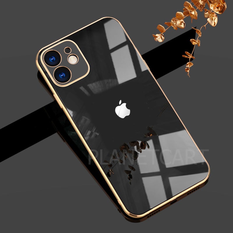 Luxurious Glass Back Case With Golden Edges For iPhone 12