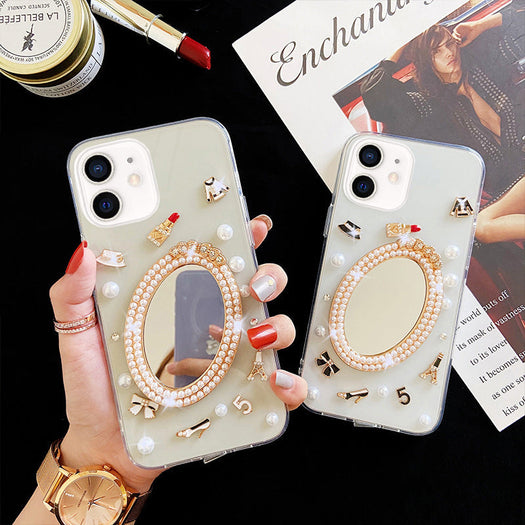 Luxury Transparent 3D Pearl Bow Plating Makeup Mirror Girlish Phone Case for Apple iPhone