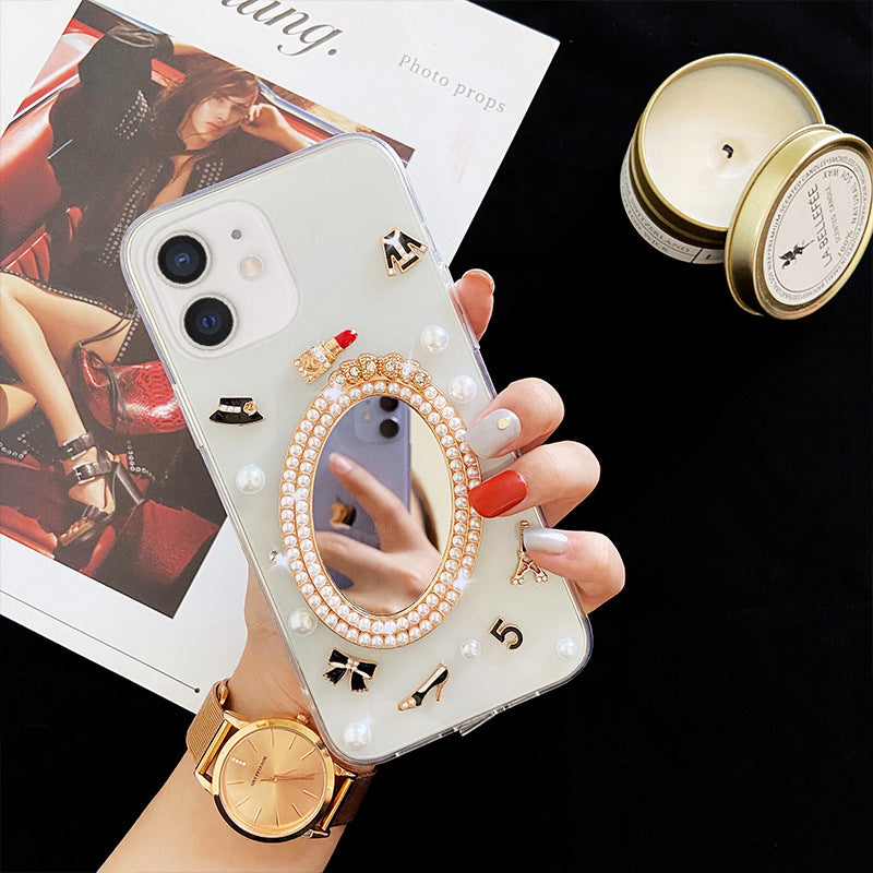 Luxury Transparent 3D Pearl Bow Plating Makeup Mirror Girlish Phone Case for Apple iPhone 12