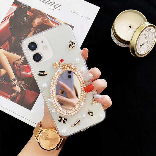 Luxury Transparent 3D Pearl Bow Plating Makeup Mirror Girlish Phone Case for Apple iPhone 11