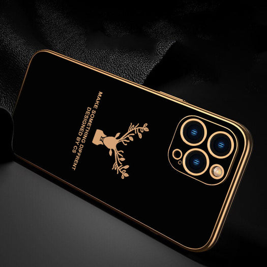 Luxury Golden Edges Deer Glass Back Case For iPhone 13 Pro - Premium Cases