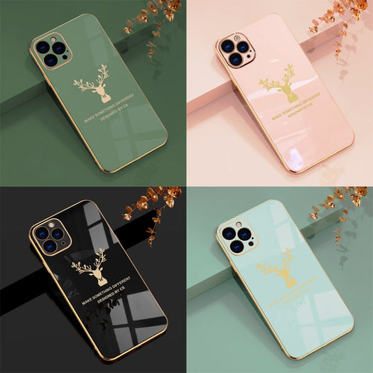 Luxurious Deer Glass Back Case With Golden Edges For iPhone 12 Pro - planetcartonline