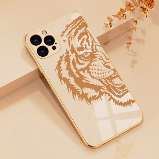 Luxurious Tiger Glass Back Case With Golden Edges For iPhone 12 Pro Max - planetcartonline