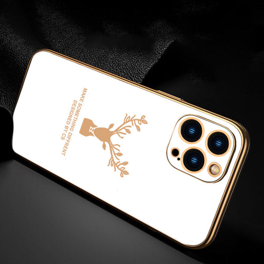 Luxury Golden Edges Deer Glass Back Case For iPhone 13 Pro - Premium Cases