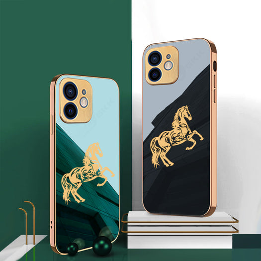 Luxury Horse Pattern Glass Back Case With Golden Edges For iPhone 11