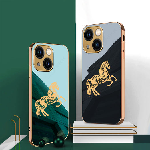 Luxury Horse Pattern Glass Back Case With Golden Edges For iPhone 13