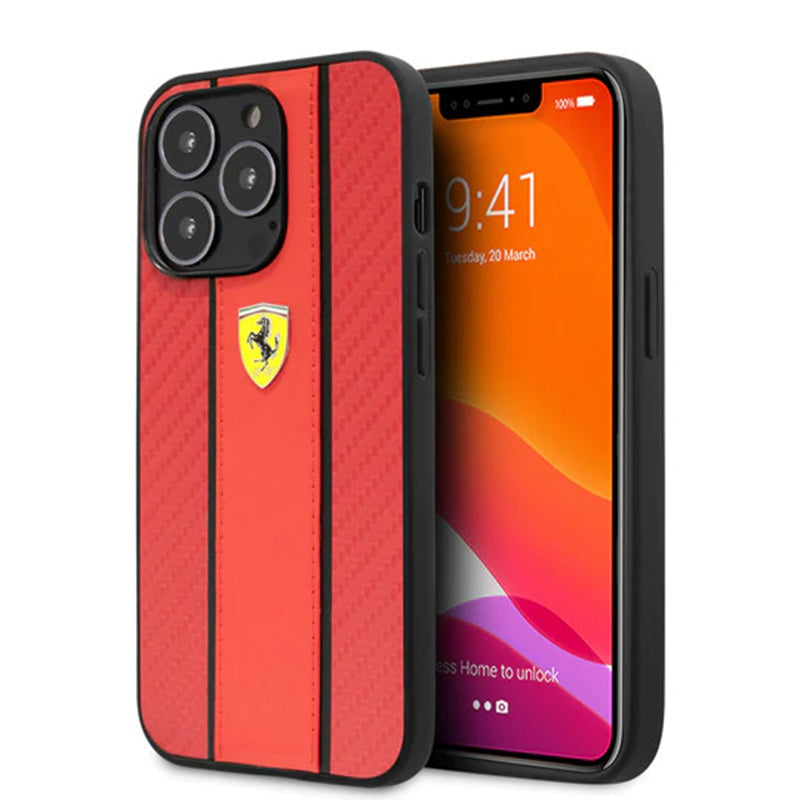 Ferrari Red Pu Leather Carbon Effect & Central Smooth Stripe Back Case with Metal Logo for iPhone 13 Pro Max - Premium Cases