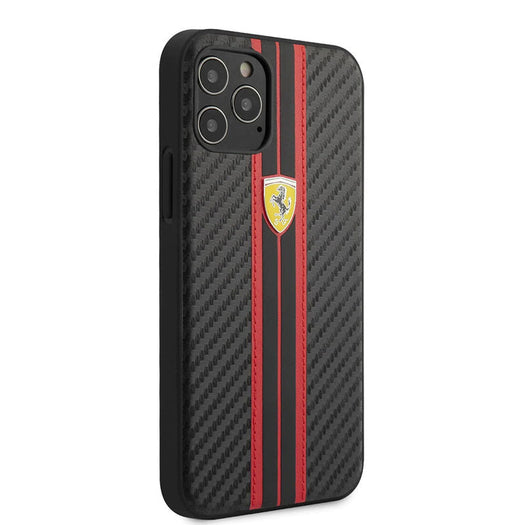 Ferrari Black Pu Leather Carbon Effect & Central Smooth Stripe Back Case with Metal Logo for iPhone 13 - Premium Cases