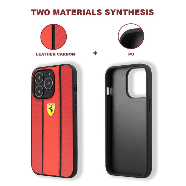 Ferrari Red Pu Leather Carbon Effect & Central Smooth Stripe Back Case with Metal Logo for iPhone 13 Pro - Premium Cases