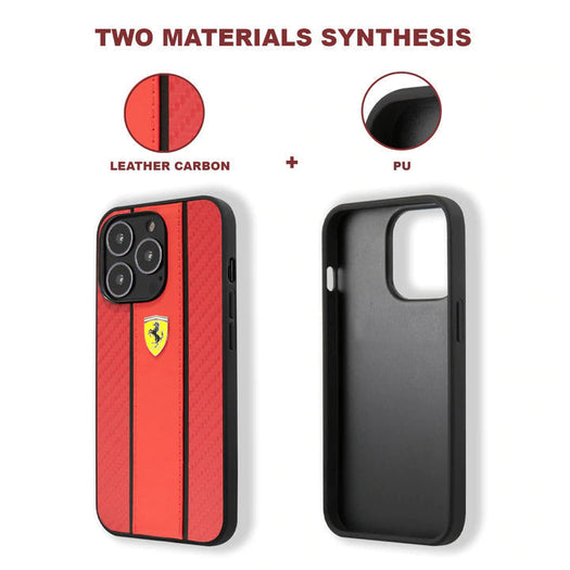 Ferrari Red Pu Leather Carbon Effect & Central Smooth Stripe Back Case with Metal Logo for iPhone 13 Pro Max - Premium Cases