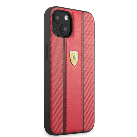 Ferrari Red Pu Leather Carbon Effect & Central Smooth Stripe Back Case with Metal Logo for iPhone 13 - Premium Cases