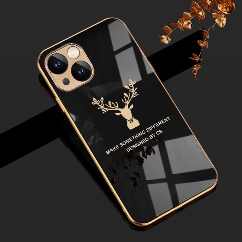 Luxurious Deer Glass Back Case With Golden Edges For iPhone 13 - planetcartonline