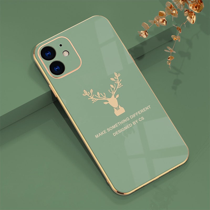Luxurious Deer Glass Back Case With Golden Edges For iPhone 11 - planetcartonline