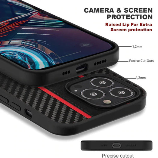 Ferrari Black Pu Leather Carbon Effect & Central Smooth Stripe Back Case with Metal Logo for iPhone 13 Pro - Premium Cases