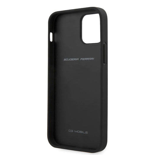 Ferrari Black Pu Leather Carbon Effect & Central Smooth Stripe Back Case with Metal Logo for iPhone 13 - Premium Cases