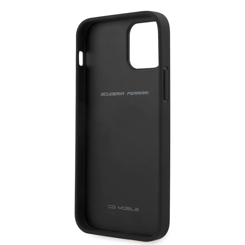 Ferrari Black Pu Leather Carbon Effect & Central Smooth Stripe Back Case with Metal Logo for iPhone 13 - Premium Cases