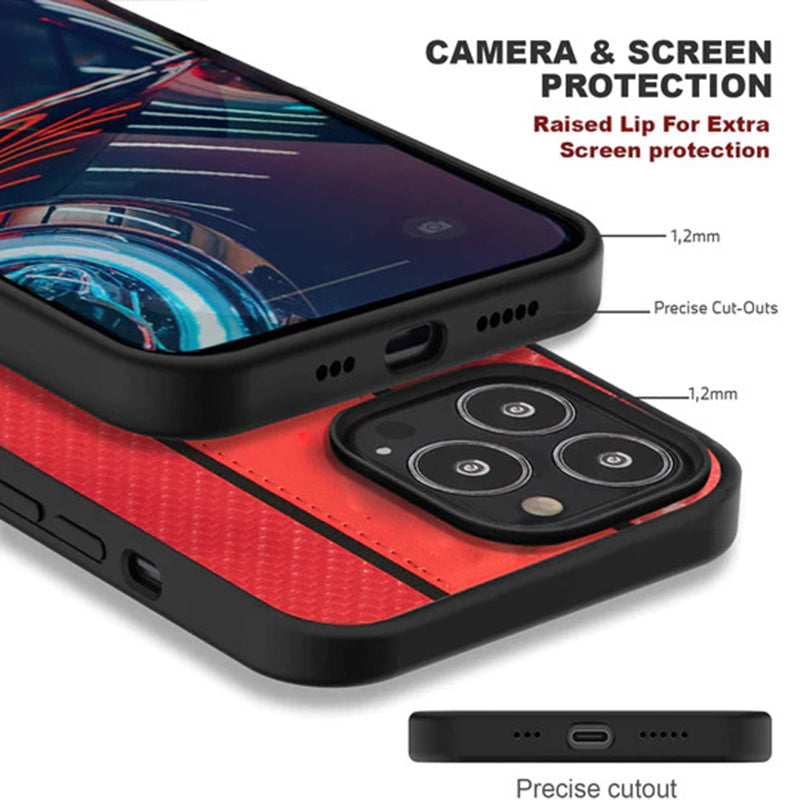 Ferrari Red Pu Leather Carbon Effect & Central Smooth Stripe Back Case with Metal Logo for iPhone 13 Pro Max - Premium Cases
