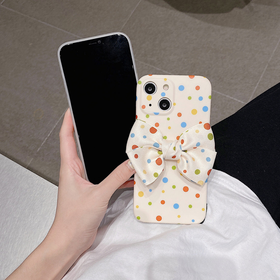 Premium Colorful Polka Dots Bow Back Case for Apple iPhone 13