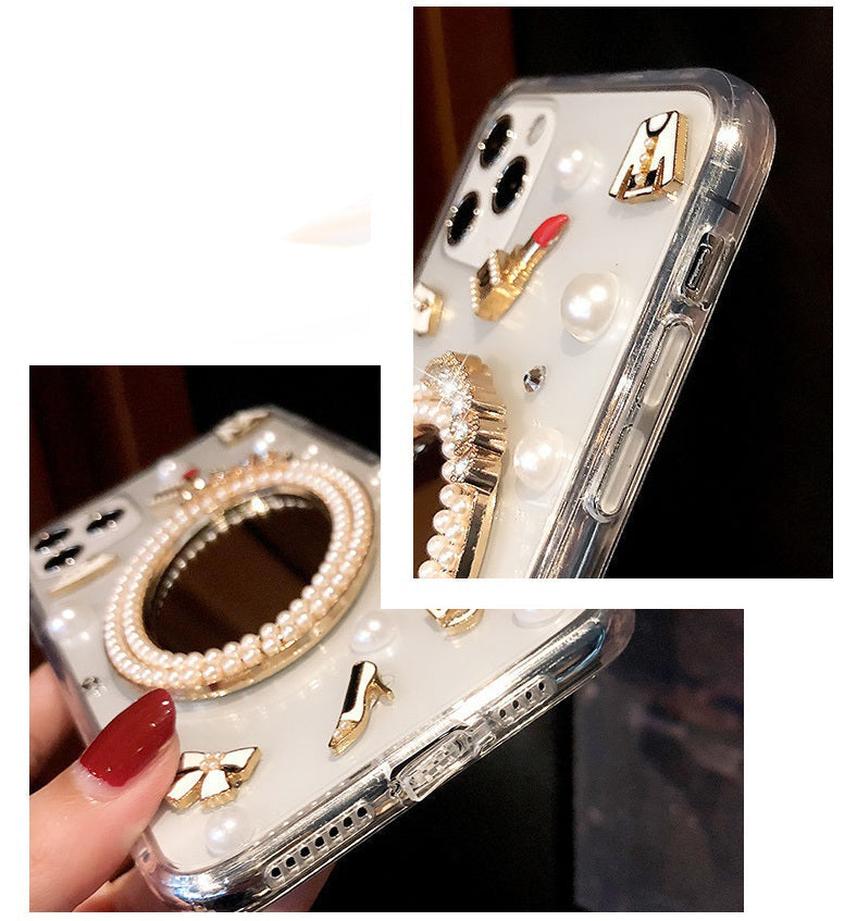 Luxury Transparent 3D Pearl Bow Plating Makeup Mirror Girlish Phone Case for Apple iPhone 13 Pro