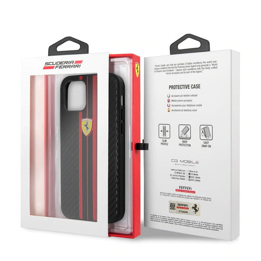 Ferrari Black Pu Leather Carbon Effect & Central Smooth Stripe Back Case with Metal Logo for iPhone 13 - Premium Cases