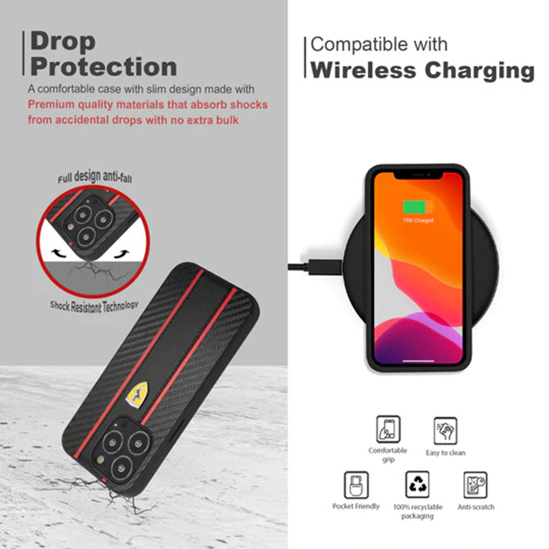 Ferrari Black Pu Leather Carbon Effect & Central Smooth Stripe Back Case with Metal Logo for iPhone 13 Pro - Premium Cases