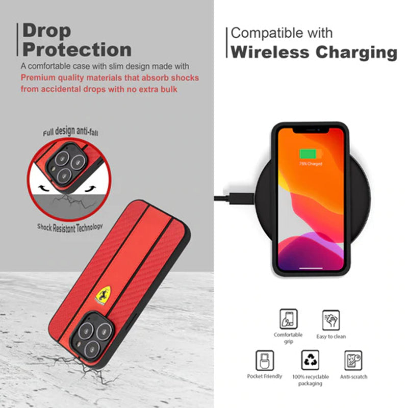 Ferrari Red Pu Leather Carbon Effect & Central Smooth Stripe Back Case with Metal Logo for iPhone 13 Pro Max - Premium Cases