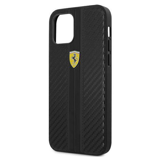 Ferrari Black Pu Leather Carbon Effect & Central Smooth Stripe Back Case with Metal Logo for iPhone 13 - Premium Cases