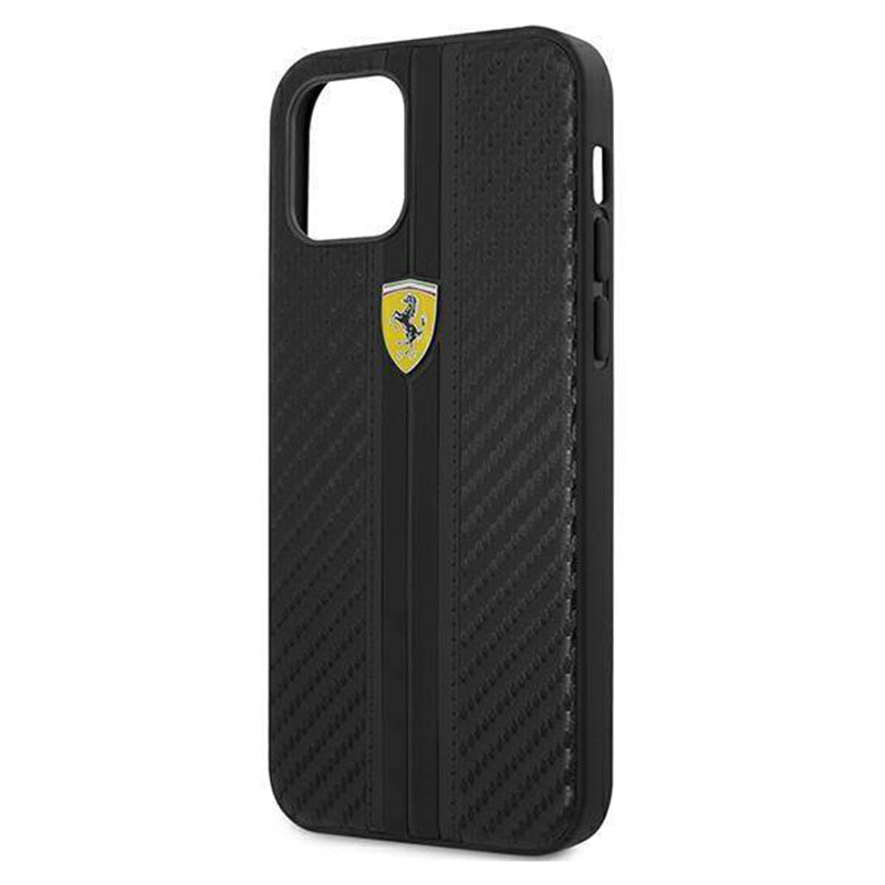 Ferrari Black Pu Leather Carbon Effect & Central Smooth Stripe Back Case with Metal Logo for iPhone 13 - Premium Cases