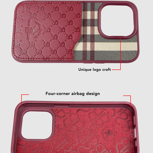 Santa Barbara Classic Plaid Series Genuine Leather Red Case For iPhone 14