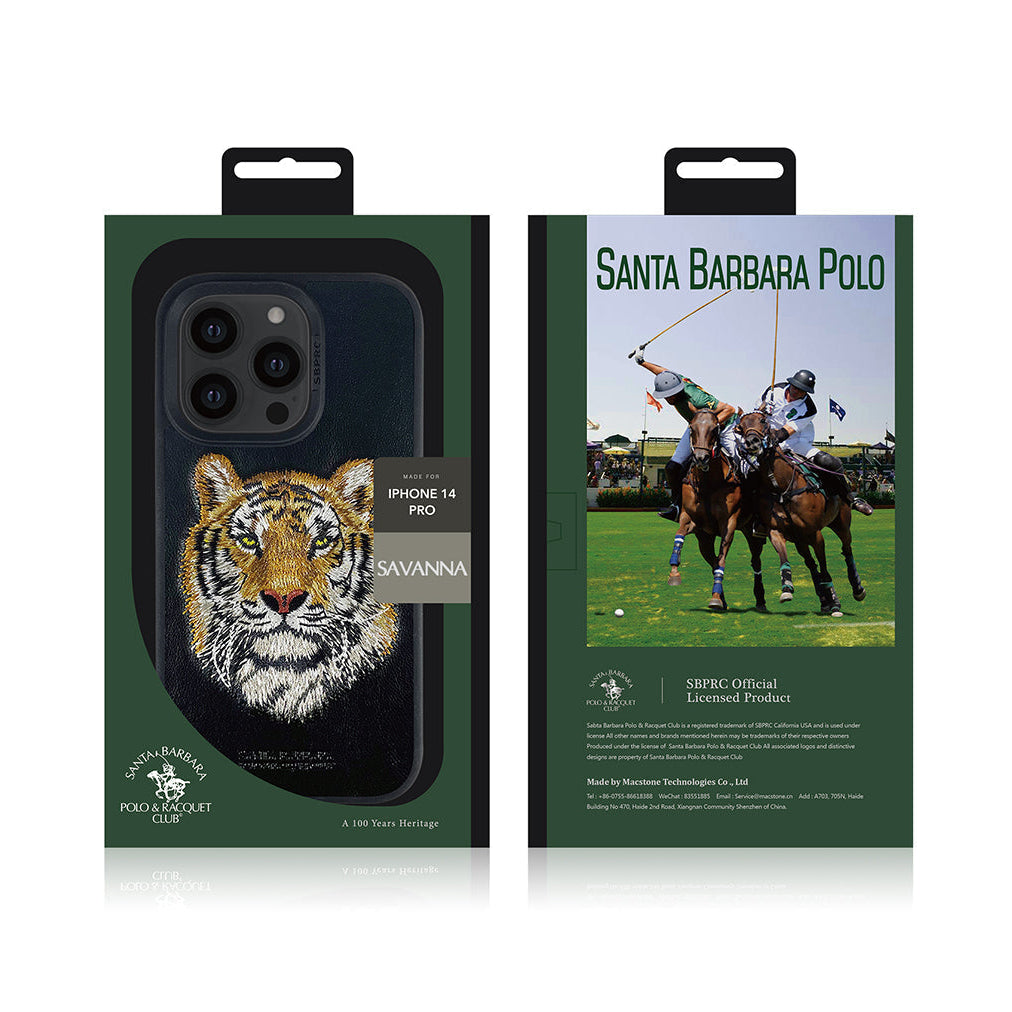 Santa Barbara Savana Series Tiger Embroidery Genuine Leather Case For iPhone 14 Pro