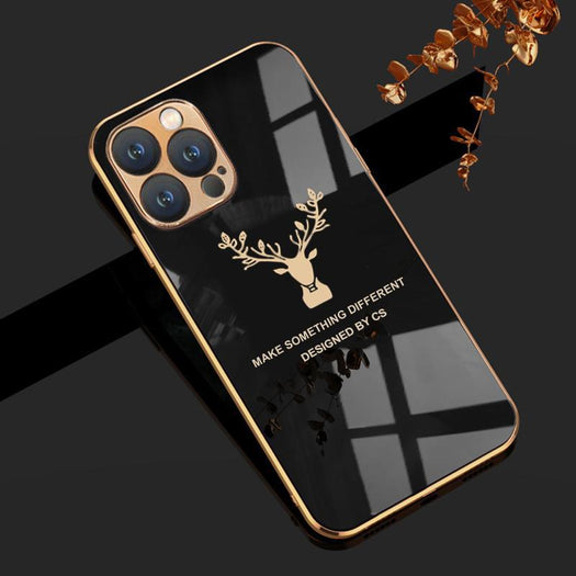 Luxurious Deer Glass Back Case With Golden Edges For iPhone 13 Pro - planetcartonline
