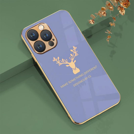 Luxurious Deer Glass Back Case With Golden Edges For iPhone 13 Pro Max - planetcartonline