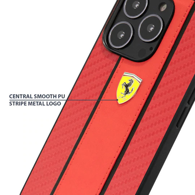 Ferrari Red Pu Leather Carbon Effect & Central Smooth Stripe Back Case with Metal Logo for iPhone 13 - Premium Cases