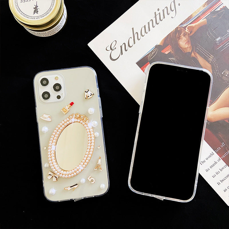 Luxury Transparent 3D Pearl Bow Plating Makeup Mirror Girlish Phone Case for Apple iPhone 13 Pro