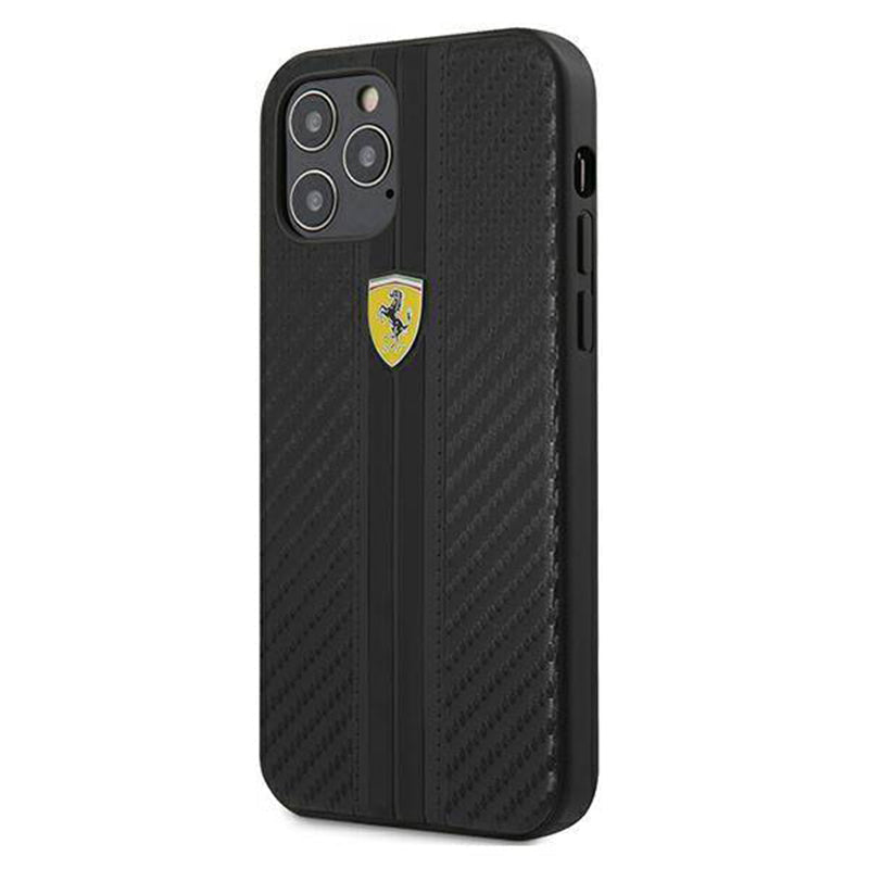 Ferrari Black Pu Leather Carbon Effect & Central Smooth Stripe Back Case with Metal Logo for iPhone 13 Pro - Premium Cases