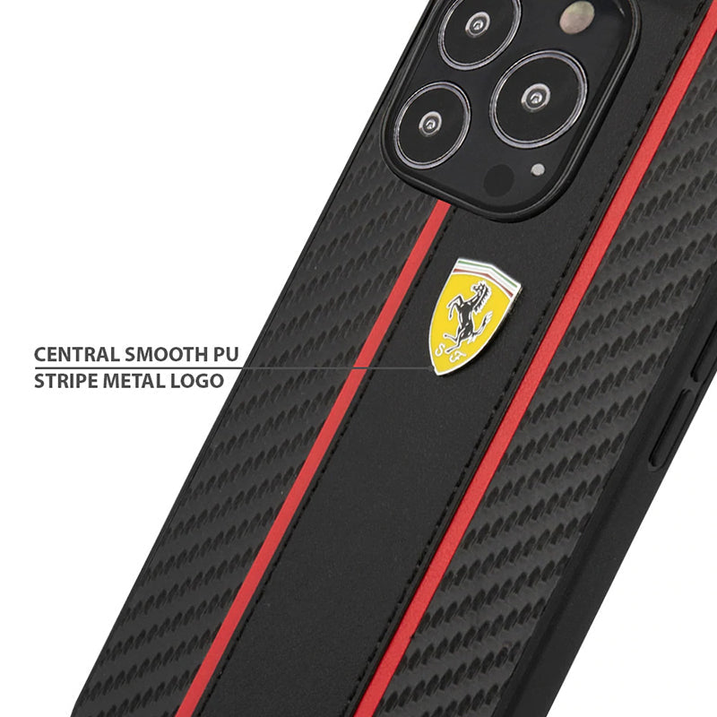 Ferrari Black Pu Leather Carbon Effect & Central Smooth Stripe Back Case with Metal Logo for iPhone 13 Pro - Premium Cases