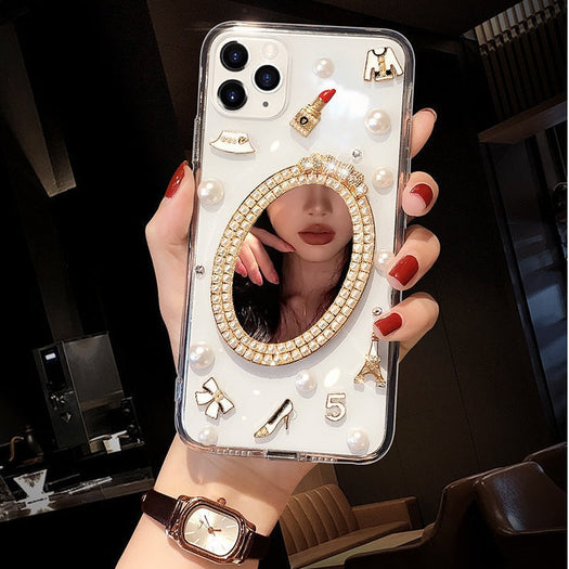 Luxury Transparent 3D Pearl Bow Plating Makeup Mirror Girlish Phone Case for Apple iPhone 13 Pro