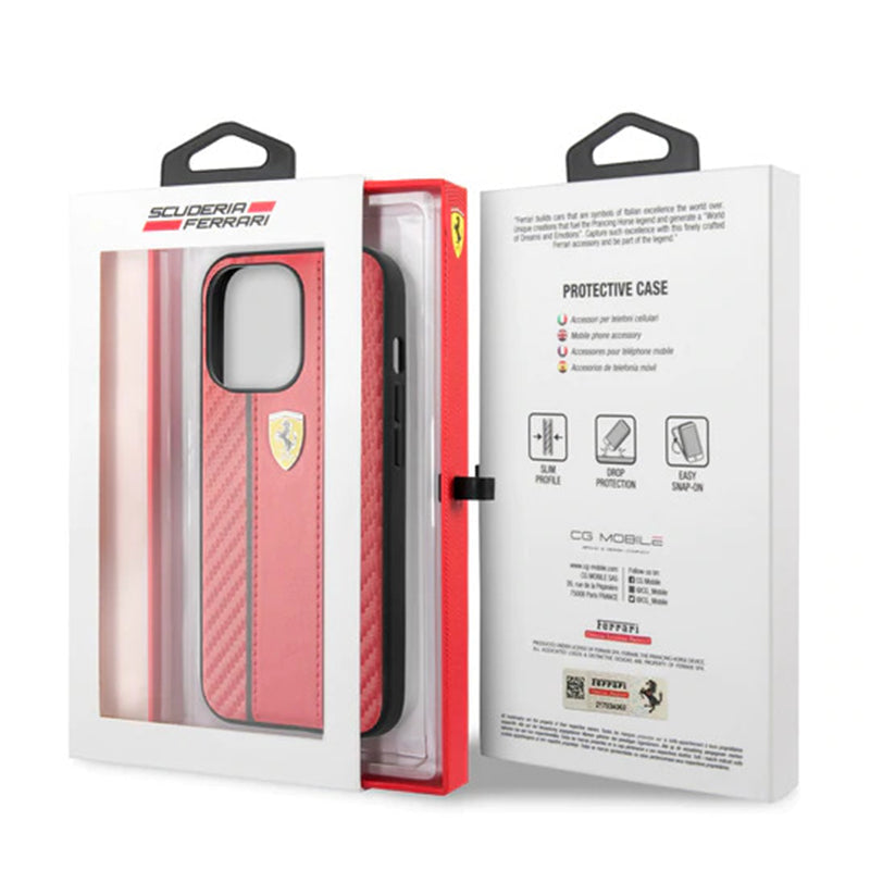 Ferrari Red Pu Leather Carbon Effect & Central Smooth Stripe Back Case with Metal Logo for iPhone 13 Pro Max - Premium Cases