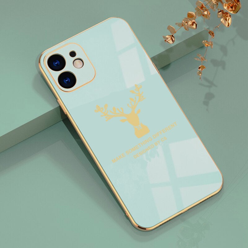 Luxurious Deer Glass Back Case With Golden Edges For iPhone 12 - planetcartonline