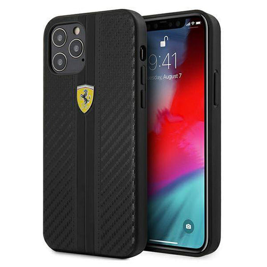 Ferrari Black Pu Leather Carbon Effect & Central Smooth Stripe Back Case with Metal Logo for iPhone 13 Pro Max - Premium Cases