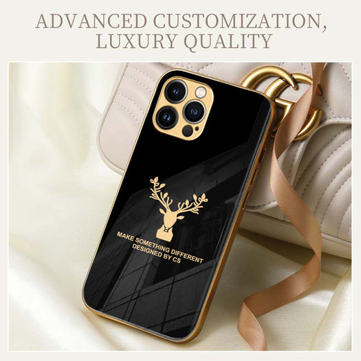 Premium Glass Back Deer Case With Golden Edges For iPhone 13 Pro Max