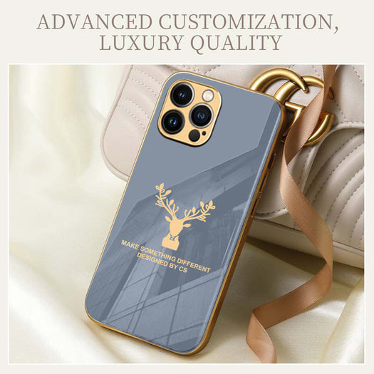 Premium Glass Back Deer Case With Golden Edges For iPhone 13 Pro Max