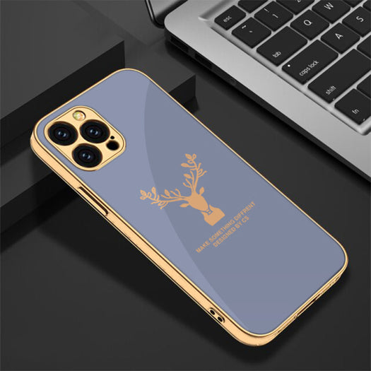 Luxury Golden Edges Deer Glass Back Case For iPhone 13 Pro Max - Premium Cases