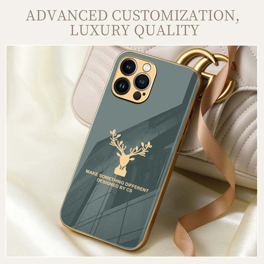 Premium Glass Back Deer Case With Golden Edges For iPhone 13 Pro Max