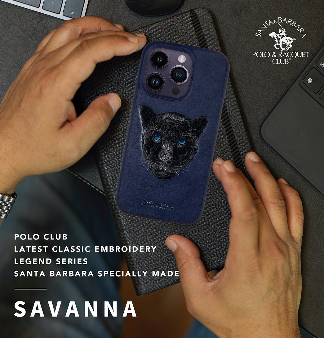 Santa Barbara Savana Series Black Panther Embroidery Genuine Leather Case For iPhone 14 Pro Max